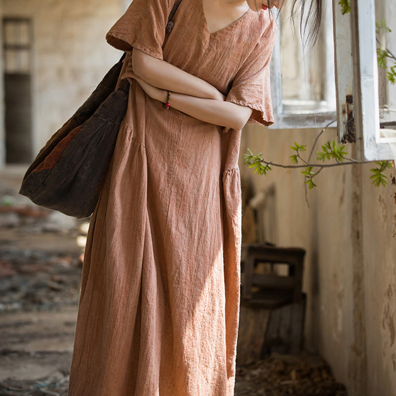 Handmade Tie Dye V-Neck Midi Dress Linen Short Sleeve Dress