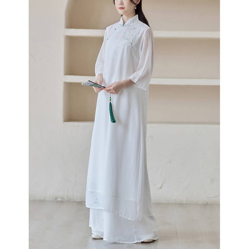 Bamboo Cheongsam Dress Midi Dress Wide Leg Pants Meditation Spiritual Zen Practice Clothing