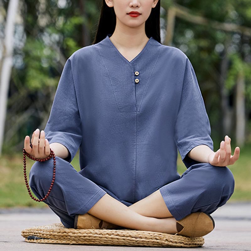 2Pcs Shirt Top Pants Meditation Zen Tai Chi Cotton Linen Clothing Women's Set
