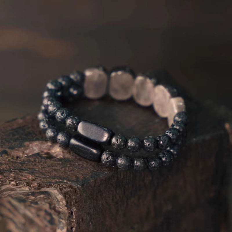 Natural Silver Sheen Obsidian and Volcanic Lava Stone Beaded Bracelet