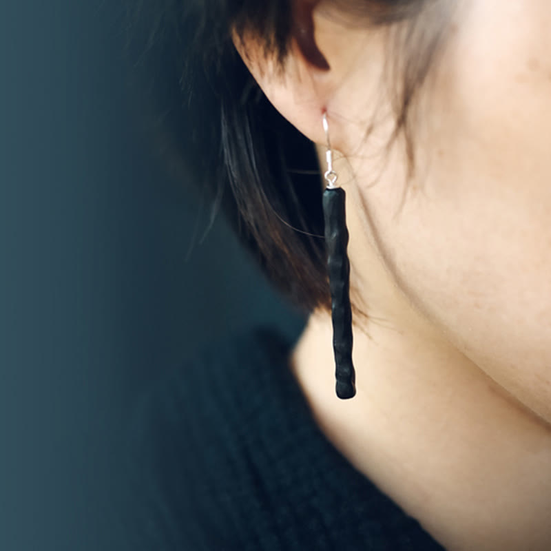 925 Sterling Silver Ebony Wood Texture Balance Peace Drop Dangle Earrings