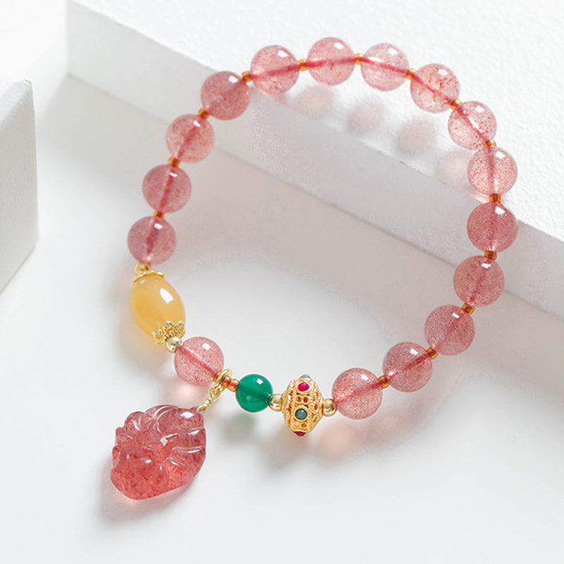 Natural Strawberry Quartz, Green Agate & Golden Silk Jade Nine-Tailed Fox Beaded Bracelet