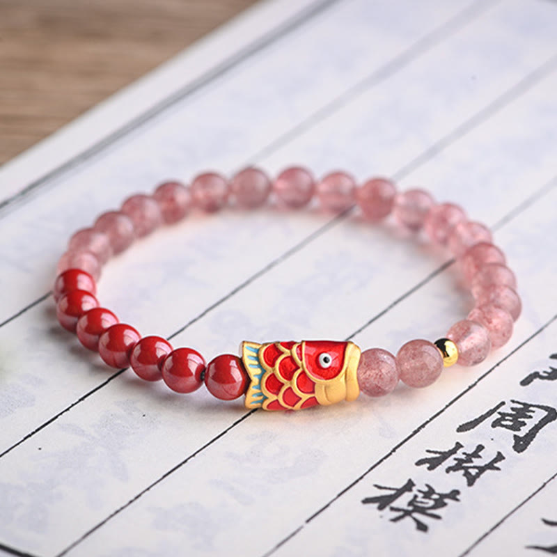 Natural Strawberry Quartz Cinnabar Lucky Koi Fish Healing Bracelet