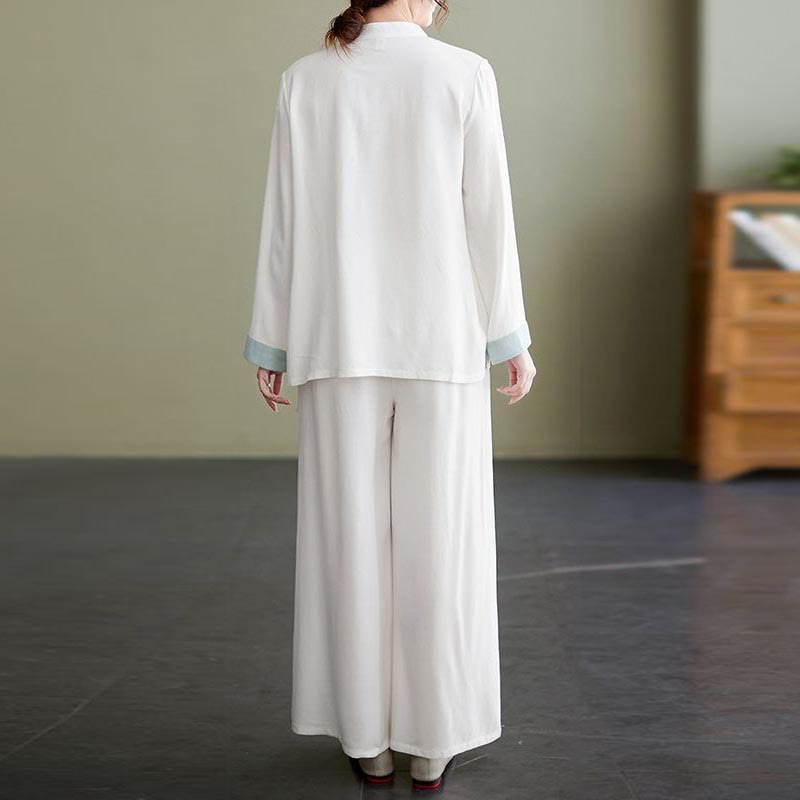 2Pcs Tang Suit Long Sleeve Shirt Top Pants Meditation Zen Tai Chi Cotton Linen Clothing Women's Set