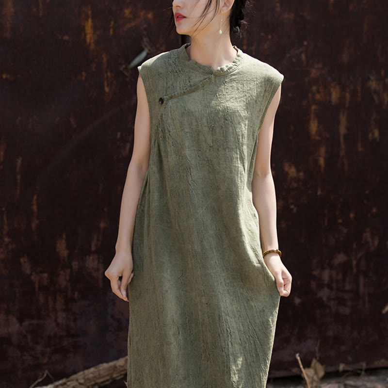 Handmade Tie Dye Midi Dress Linen Sleeveless Dress