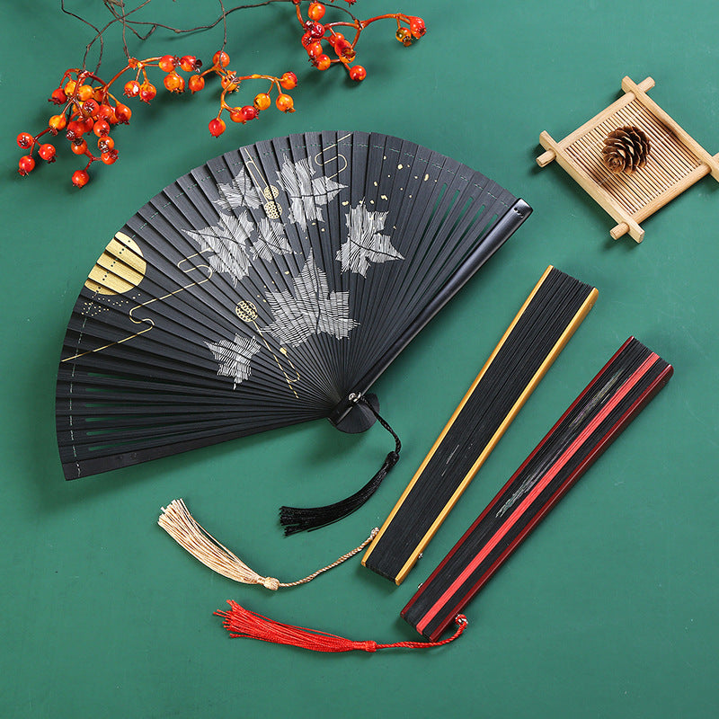 Vintage Cloud Crane Maple Leaf Pattern Handheld Bamboo Folding Fan