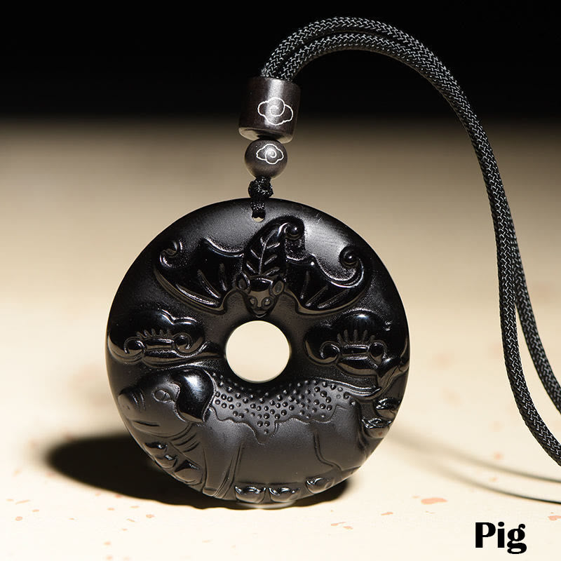 Chinese Zodiac Natural Black Obsidian Peace Buckle Strength Necklace Pendant