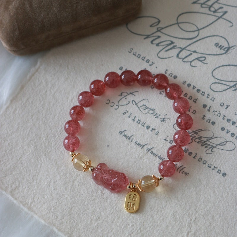 Natural Strawberry Quartz Peach Blossom and Pixiu Energy Bracelet