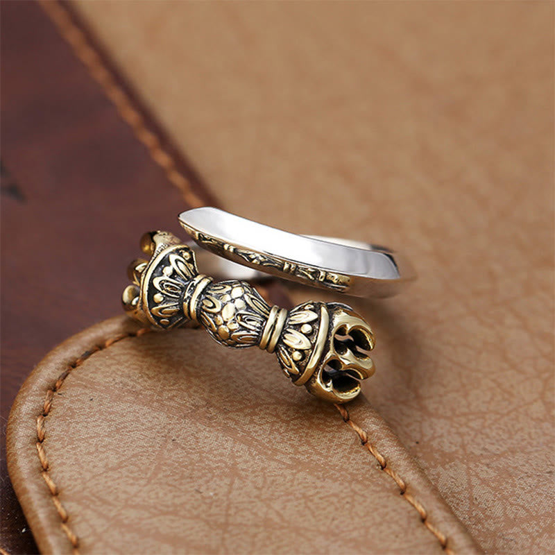 Tibetan Vajra Engraved Sterling Silver and Copper Adjustable Ring
