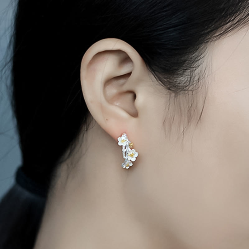 925 Sterling Silver Plum Blossom Floral Clear Quartz Earrings
