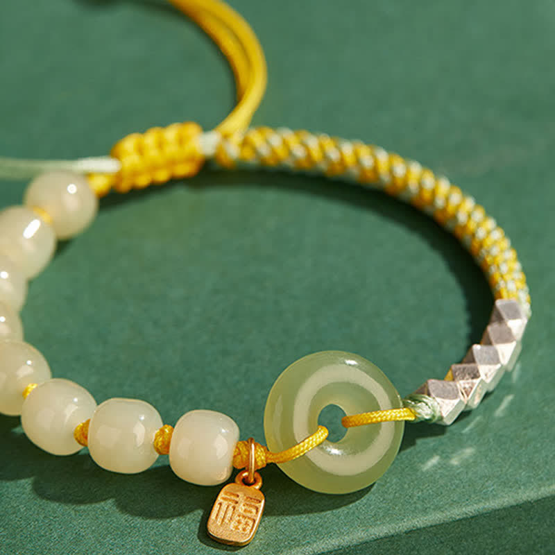 Hand-Woven Hetian Jade Ping An Kou Gold Plated Sterling Silver Beaded Bracelet