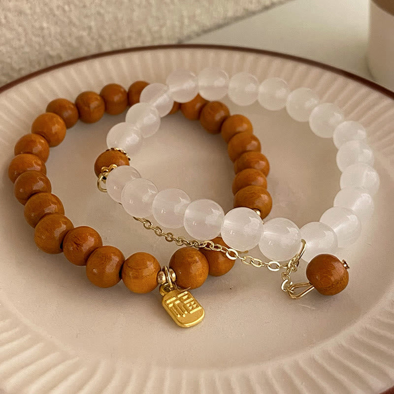 Sandalwood Cat's Eye Fu Character Charm Protection Bracelet