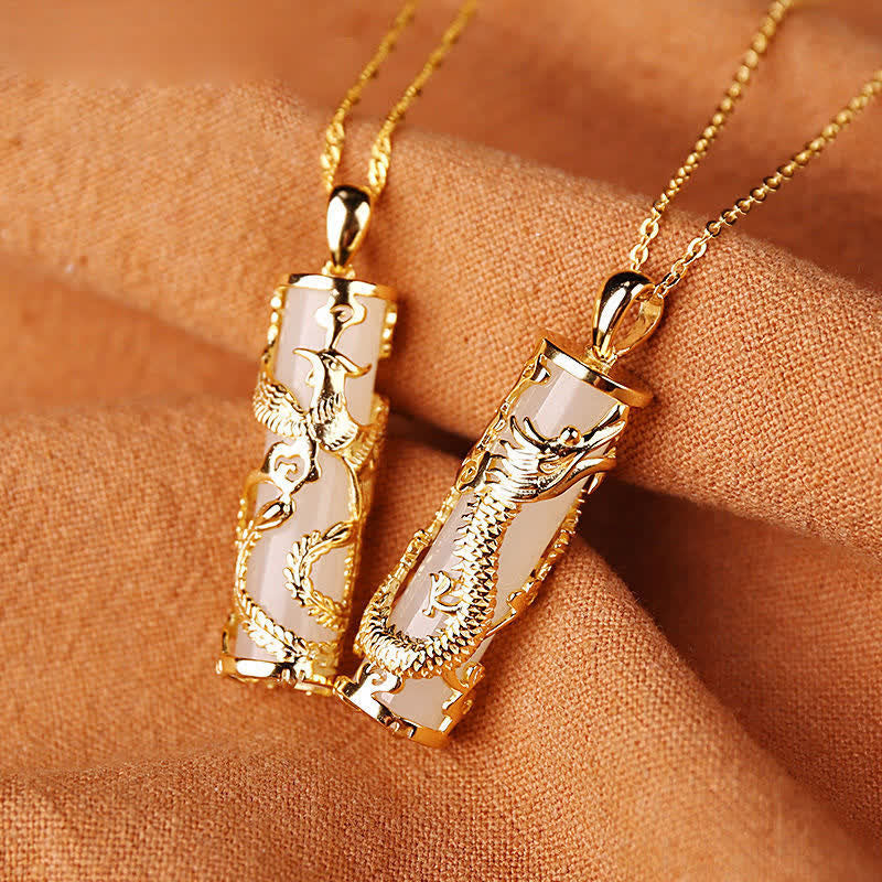 Hand-Carved White Jade and Copper Dragon or Phoenix Harmony Pendant Necklace