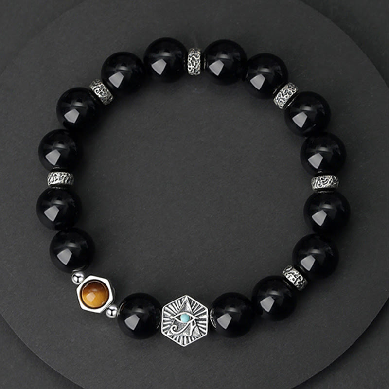 925 Sterling Silver Black Obsidian Tiger Eye Eye of Providence Purification Bracelet