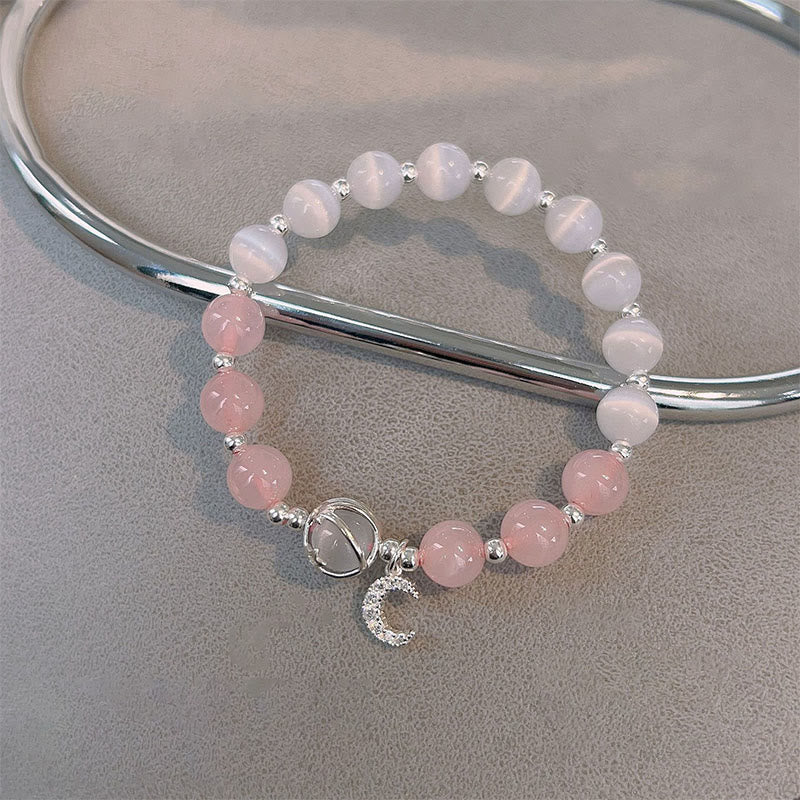 Natural Cat's Eye Pink Crystal Moon Love Charm Bracelet