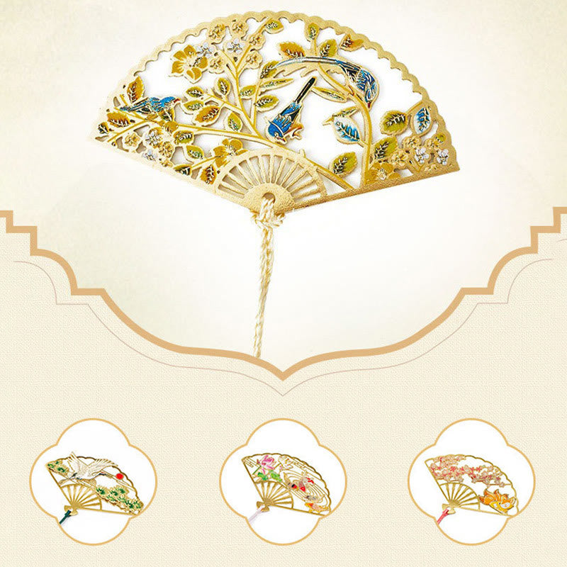 Traditional Butterfly Lotus Flower Crane Dragon Phoenix Fox Koi Fish New Beginning Metal Brass Hollow Fan Bookmarks
