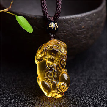 Natural Citrine Pixiu Hand-Carved Unisex Pendant Necklace