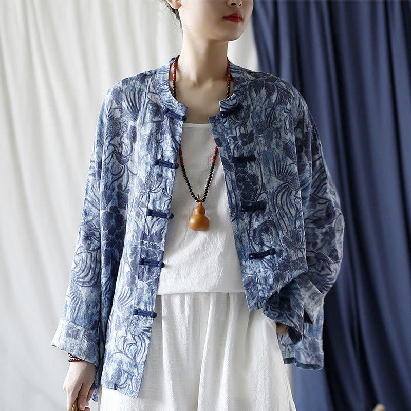 Ramie Linen Floral Stand Collar Meditation Jacket Shirt
