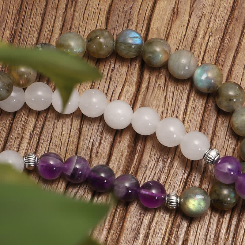 108 Mala Beads White Agate Amethyst Black Glitter Stone Protection Bracelet (Extra 35% Off | USE CODE: FS35)