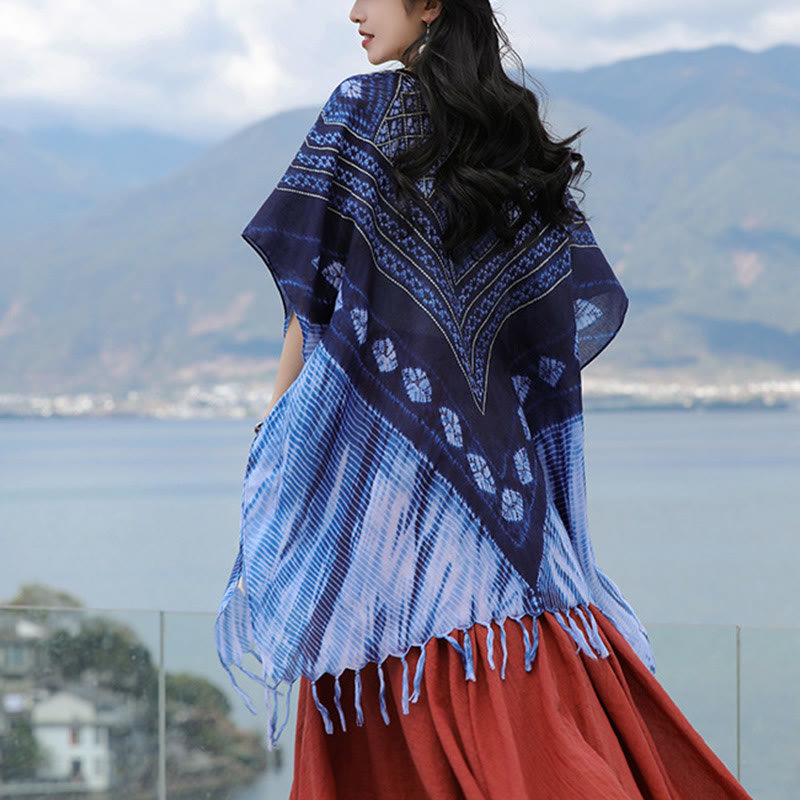 Soft-Touch Blue Geometric Batik Meditation Pullover Shawl
