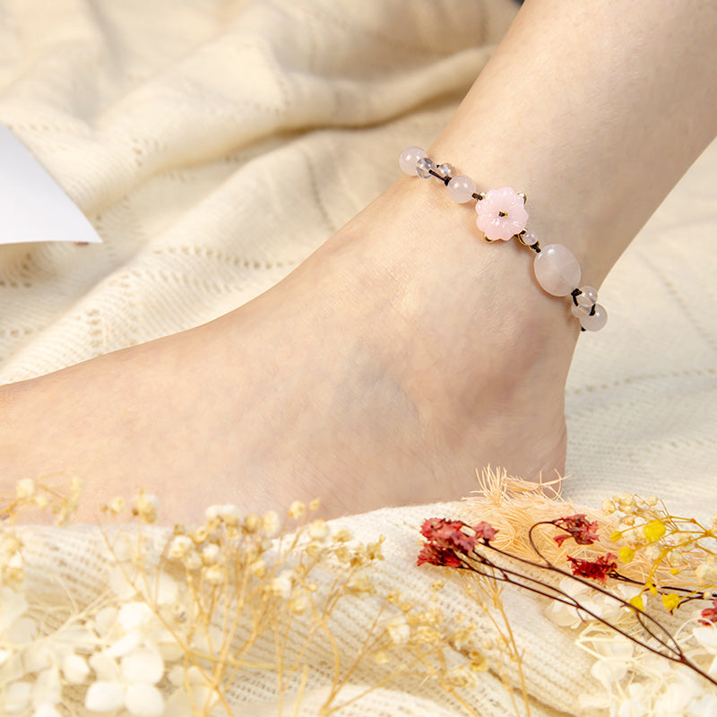 Flower of Love Rose Quartz Adjustable Pink Crystal Anklet