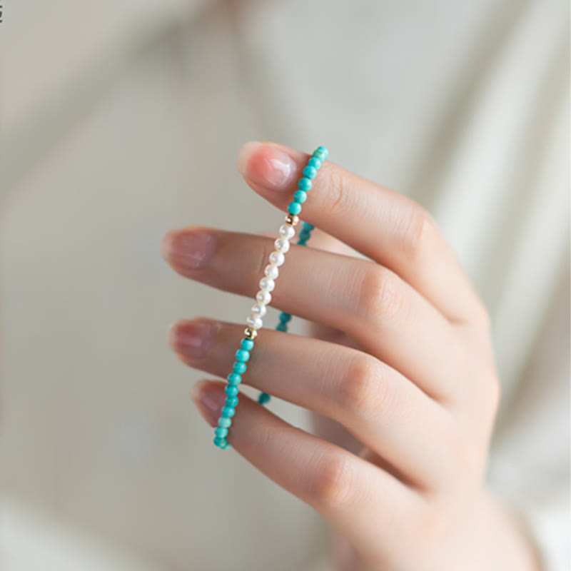 Handcrafted 925 Sterling Silver Natural Turquoise and Pearl Beaded Gold-Tone Bracelet