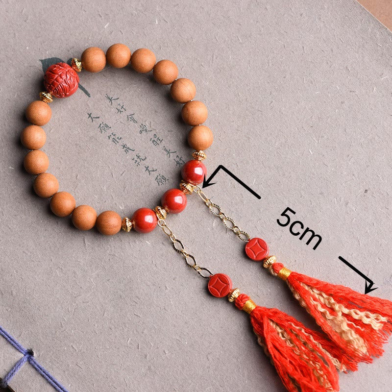Tibetan Natural Peach Wood and Cinnabar Pixiu Tassel Bracelet