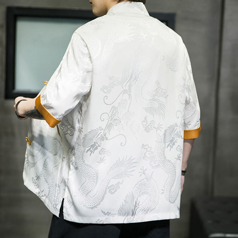 Frog-Button Chinese Dragon Embroidery Half Sleeve Shirt Linen Men Clothing