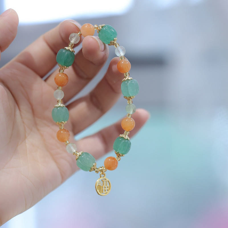 Natural Golden Silk Jade and Prehnite Carved Pumpkin Bead Fu Charm Bracelet