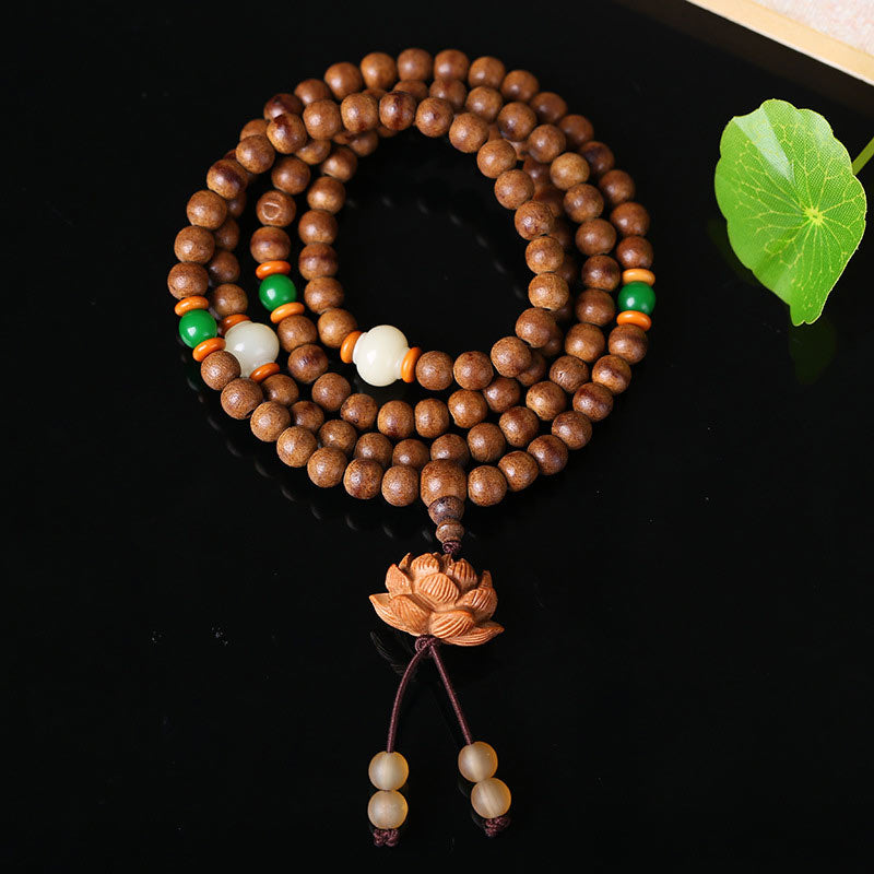 108 Mala Beads Peach Wood Bodhi Seed Lotus Prayer Meditation Bracelet