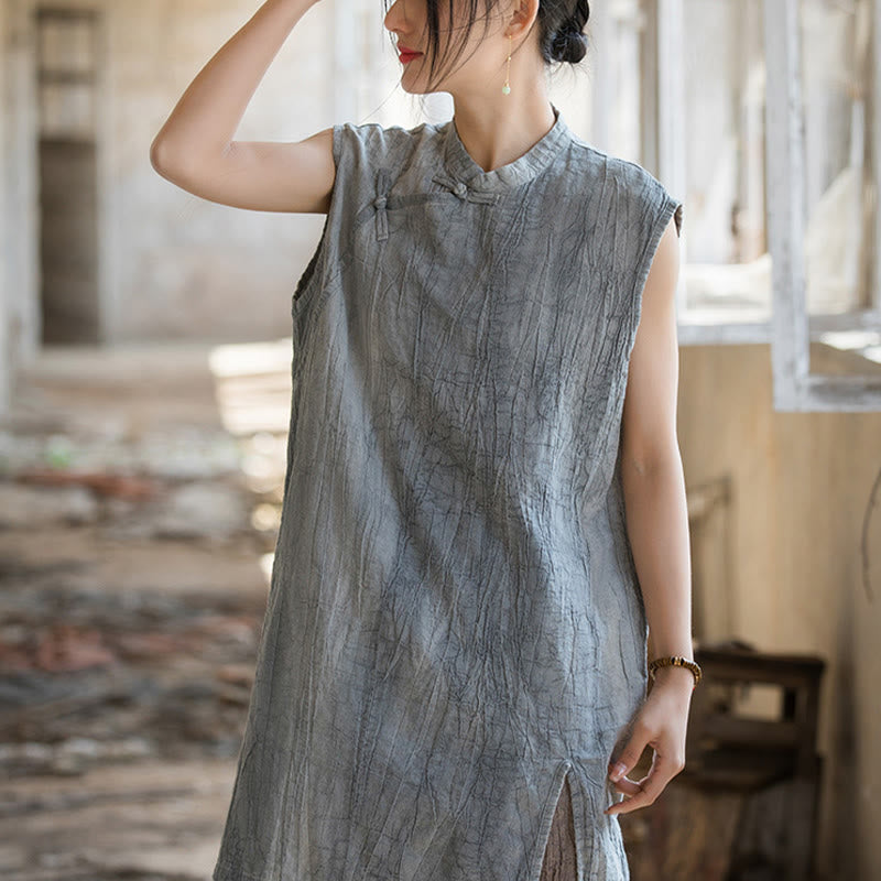Handmade Tie Dye Ramie Linen Frog-Button Sleeveless Vest