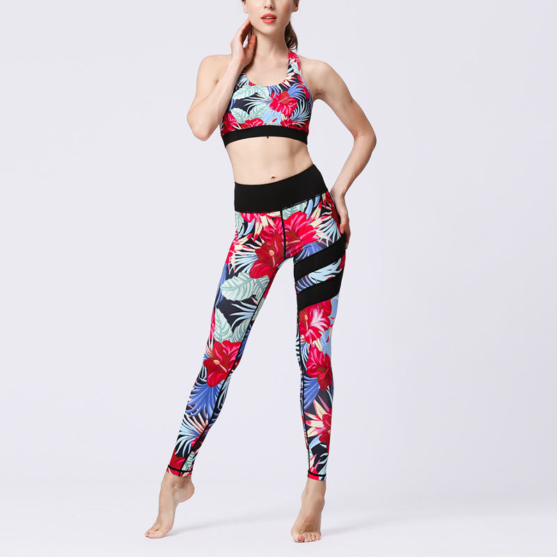 2Pcs Sunflower Flowers Leaves Print Top Pants Sports Fitness Yoga Women's Yoga Sets