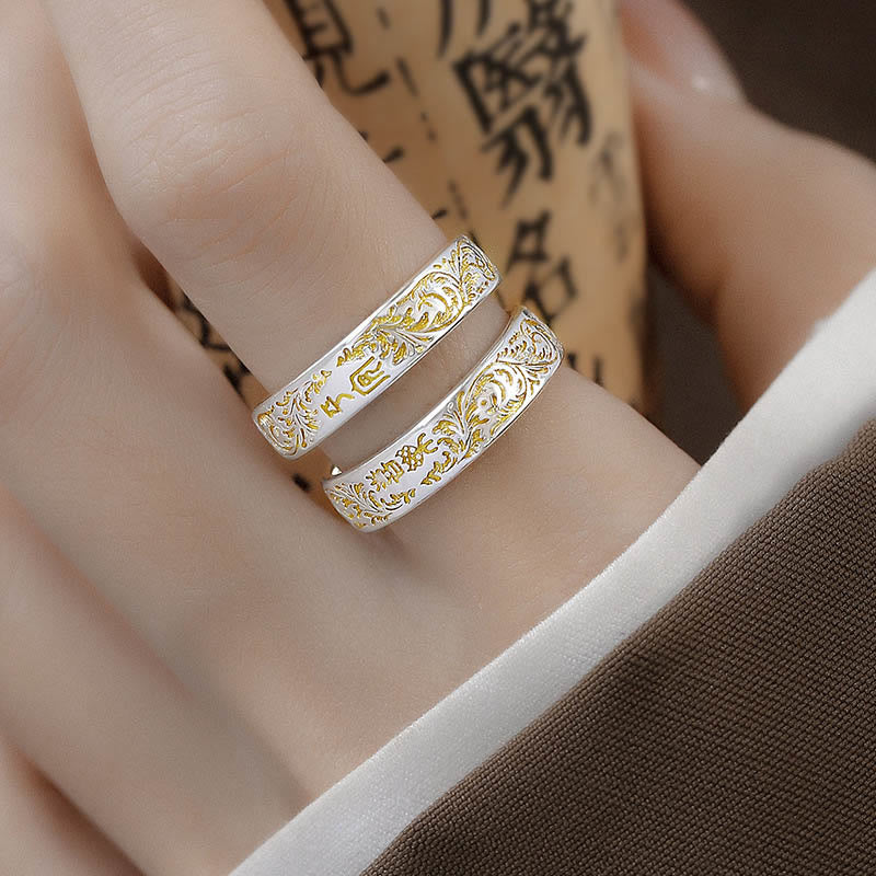 Peace and Joy Tang Dynasty Flower Design Lotus Heart Sutra Carved Copper Luck Adjustable Ring