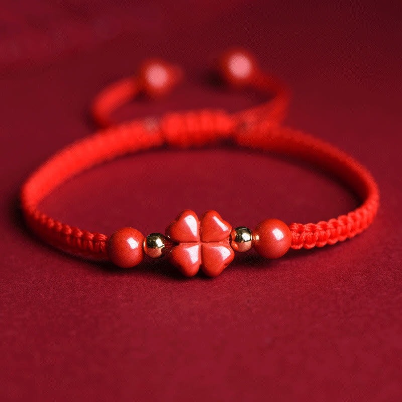 Hand-Woven Red String Cinnabar Clover and Flower Charm Bracelet