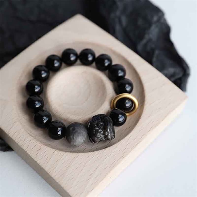 Guardian Lion Silver Sheen & Black Obsidian Beaded Resilience Bracelet