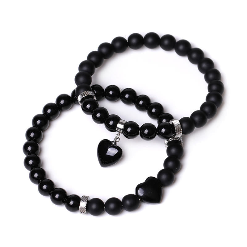 2Pcs Black Onyx Crystal Stone Love Heart Protection Support Couple Bracelet