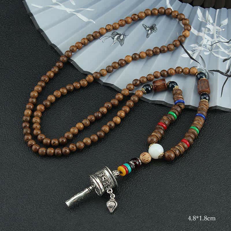 Tibetan Om Mani Padme Hum Prayer Wheel Rotation Vajra Wood Necklace Pendant