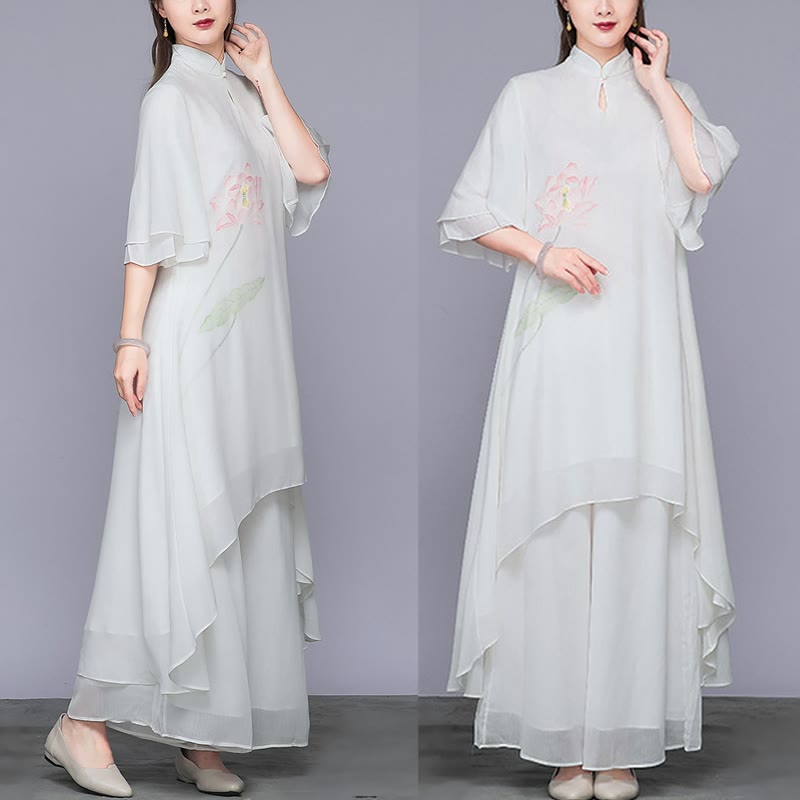 2Pcs Lotus Flower Cheongsam Midi Dress Wide Leg Pants Chiffon Zen Women's Set