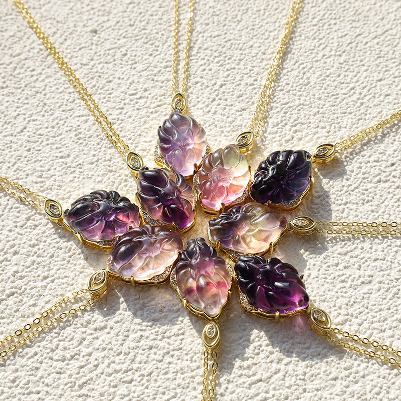Natural Colorful Fluorite Hand-Carved Nine-Tailed Fox Pendant Necklace