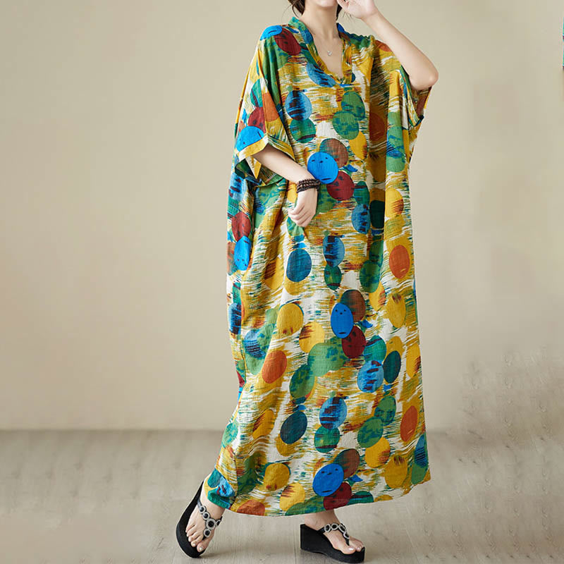 Orange Blue Colorful Polka Dots Midi Dress Cotton Half Sleeve Dress With Pockets