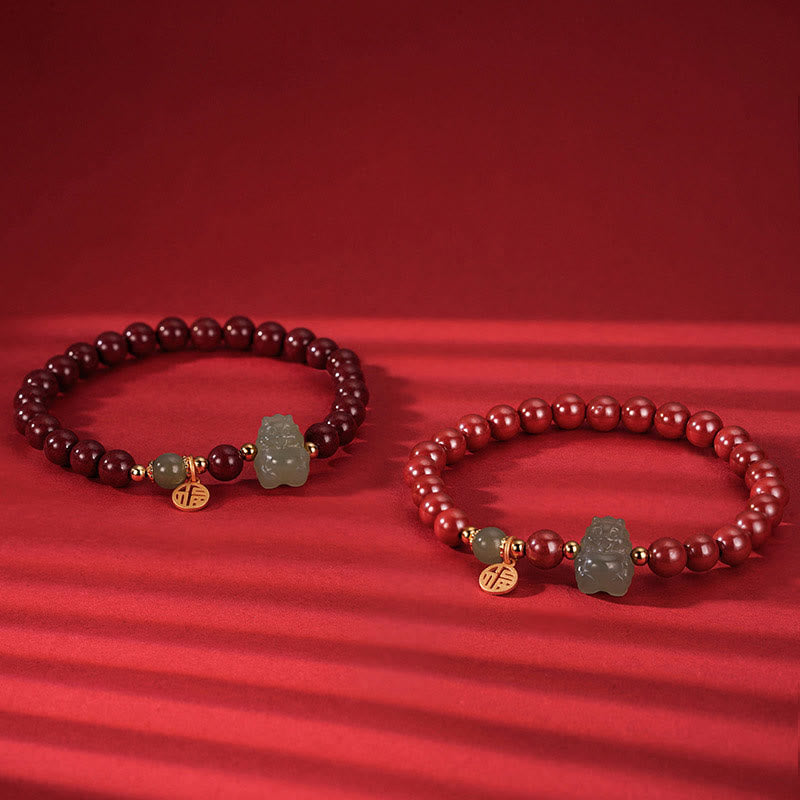925 Sterling Silver Year of the Dragon Natural Cinnabar Hetian Jade Dragon Fu Character Ruyi As One Wishes Charm Blessing Bracelet