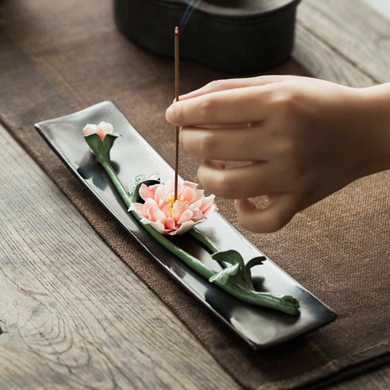 Zeniora Ceramic Incense Burner with Peony & Lotus Motifs for Mindful Ambiance