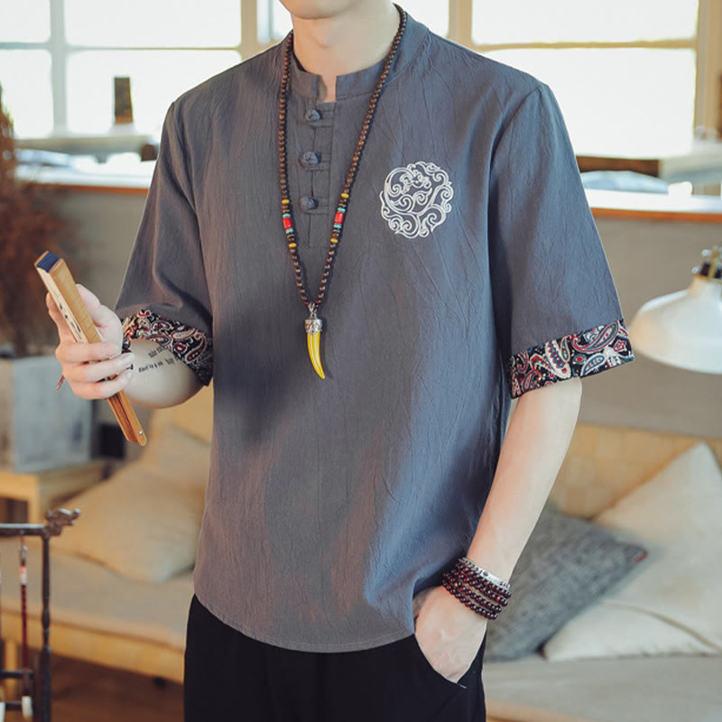Frog-Button Dragon Embroidery Chinese Tang Suit Short Sleeve Shirt Linen Men Clothing