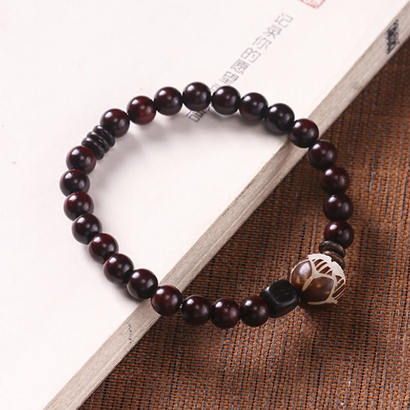 Carved Red Sandalwood and Lotus Bodhi Seed Double Wrap Bracelet