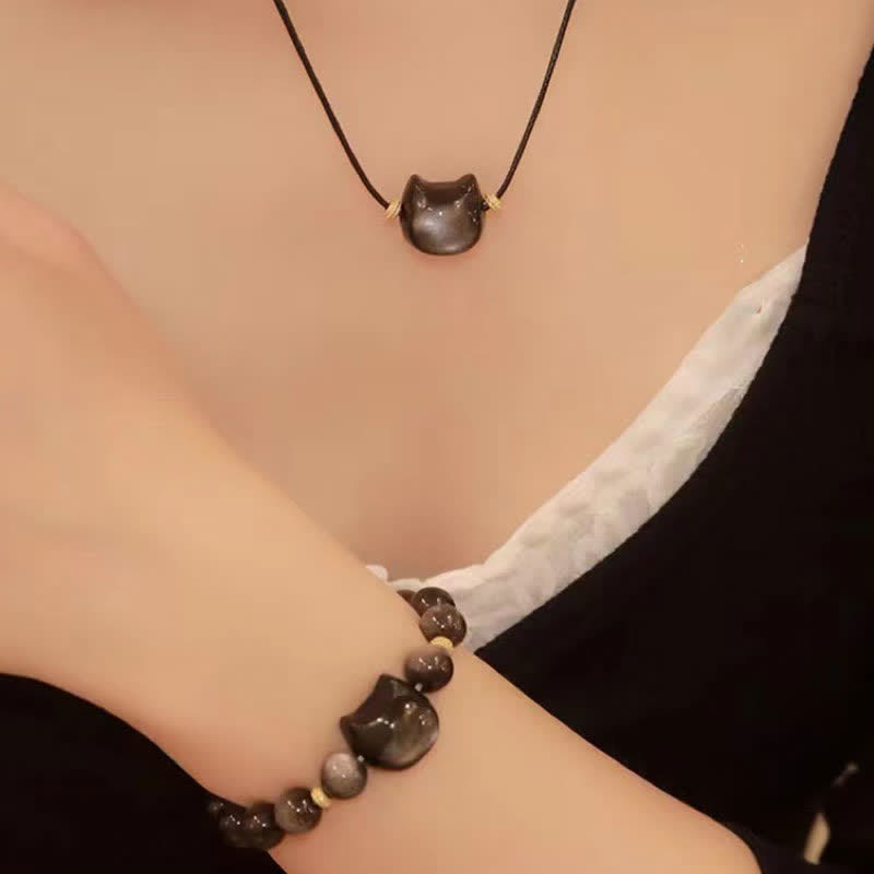 Handmade Gold & Silver Sheen Obsidian Feline Charm Beaded Bracelet
