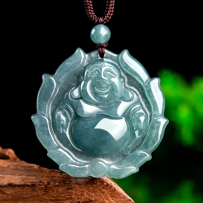 Natural Jade Laughing Buddha Lotus Pattern Luck Necklace Pendant