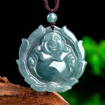 Natural Jade Laughing Buddha Lotus Pattern Luck Necklace Pendant