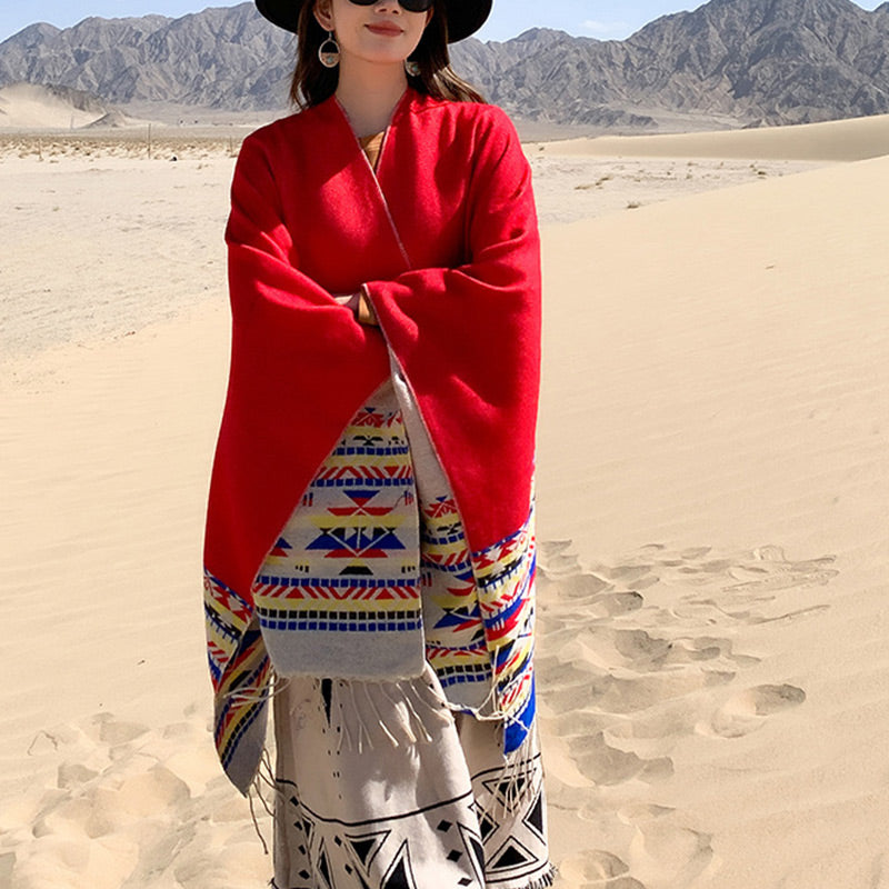 Tibetan Shawl Colorful Geometry Winter Cozy Travel Scarf Wrap