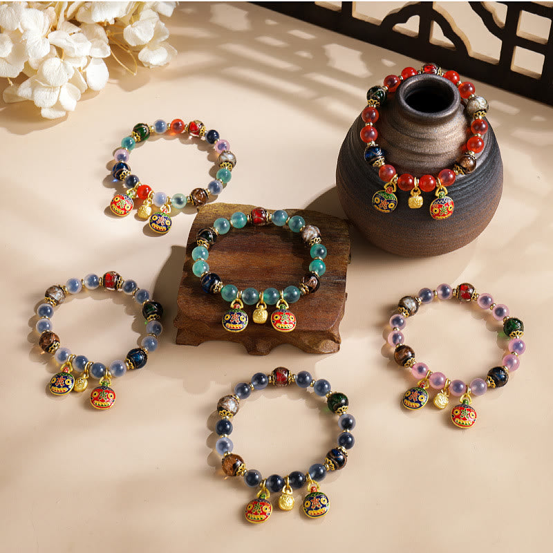 Vibrant Candy Agate & Liuli Beaded Bracelet with Gold Swallowing Beast Family Charm
