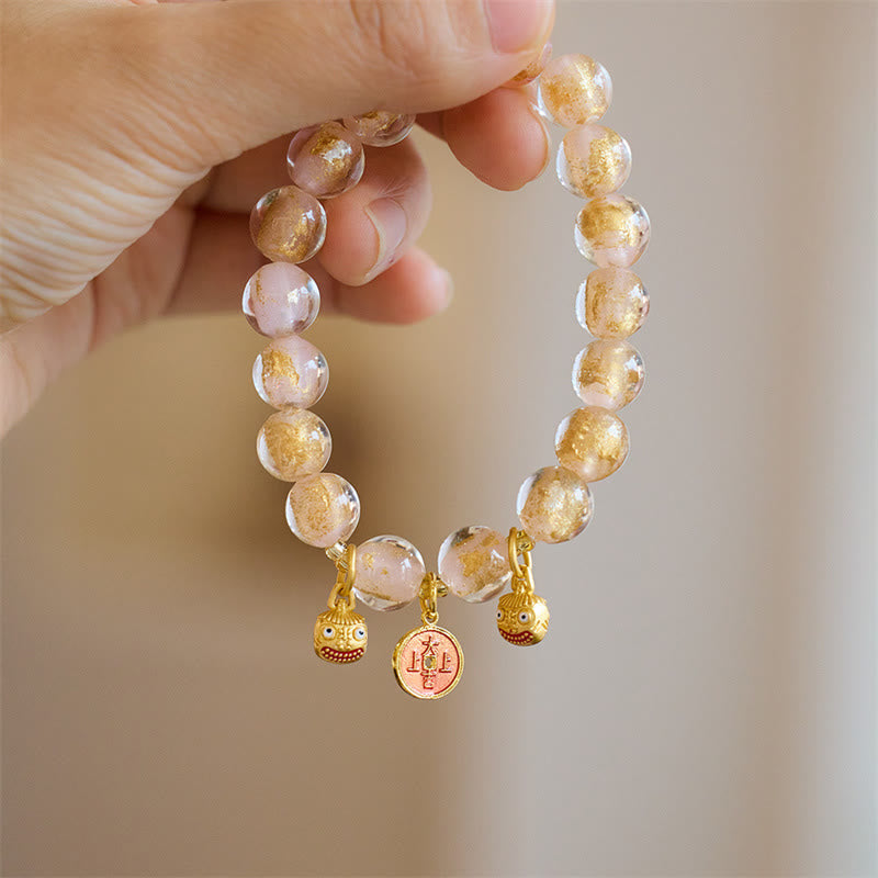 Gold Pixiu and Chinese Coin Liuli Glass Bead Energy Bracelet